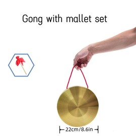 22cm/8.6inch Gong with Mallet Brass Copper Hand Gong Cymbals Portable Brass Tam Tam Gong Brass Traditional Chinese Percussion Instruments with Round Playing Hammer Orchestra Church Opera