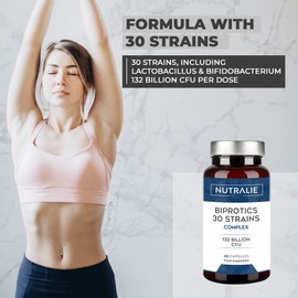 Cultures Complex 30 Strains Guaranteed 132 Billion KBE per Dose Improves Defences and Intestinal Flora Nutralie Biprotics Complex 30 Strains 60 Capsules