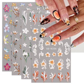 JMEOWIO 3D Embossed Flower Nail Art Stickers Decals Self-Adhesive 5D Spring Summer Flora Nail Supplies Nail Art Design Decoration Accessories 4 Sheets