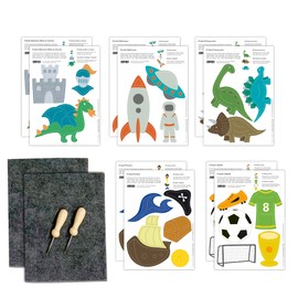 Familienmomente Maxi Craft Set for Tingling Adventure, 10 Templates (2 x Knights, 2 x Dinos, 2 x Space, 2 x Pirate, 2 x Football) DIN A5, 2 x Felt, 2 x Needles for Boys