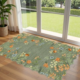 Othilic Sage Green Floral Entry Rug - 3x5 Ft Washable Indoor Outdoor Mats for Front Door Non-Slip Porch Rug Non-Slip Boho Throw Rugs for Living Room Bedroom Entryway Kitchen Office Porch Decor