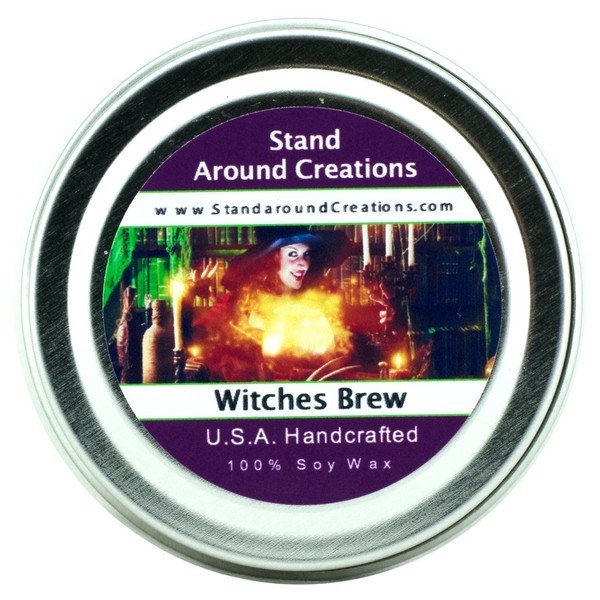 Premium 100% All Natural Soy Wax Aromatherapy Candle - 2oz Tin - Scent: Witches Brew - A Celebration of Patchouli, Cinnamon and Cedarwood.