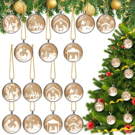 Pinkunn 16 Pcs Nativity Scene Glass Ornament for Tree Decorations Christian Decor for Xmas, Jesus Christmas Nativity Gifts for Church Religious Holiday Windows Home Decor, 8 Styles