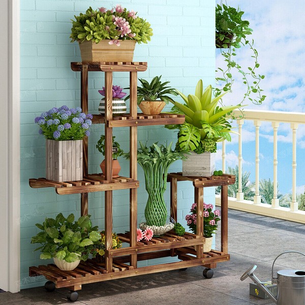 Sturdy Wooden Flower Rack Plant Stand Waterproof, Free Standing, Lockable Wheels
