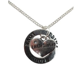 Silver Plated Necklace Little Sister Heart Gem Charm Love Hope Faith Circle Ring