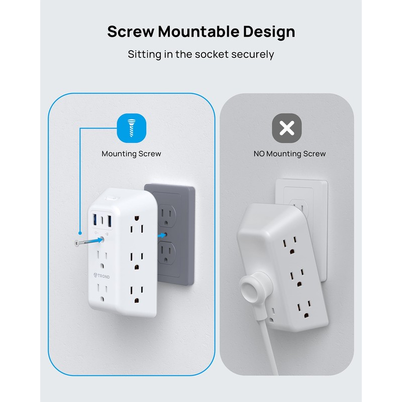 TROND Outlet Extender with USB-C, 8AC Outlet Splitter 3 USB