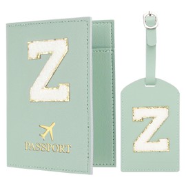 PATIKIL Passport Holder for Travel, Initial Passport Cover and Luggage Tag Set with Alphabet Chenille Letter Patch Travel Wallet Bag Suitcase Identifier for Women Family Travel Green Z