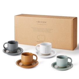 GIROFLIER Oak Espresso Cups Set of 4 Ceramic Mini Espresso Cups Set of 4, 3 oz Espresso Mugs with Handle Demitasse Cups, Modern Style Espresso Cups, Microwave and Dishwasher Safe (Multi Colors)