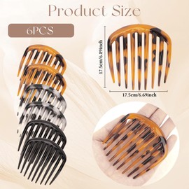 AMCAMI 6PCS Tortoiseshell French Comb, 9 Teeth Plastic French Twist Comb, 3 Colors Black Yellow-Brown Amber Hair Combs for Women, Non-Slip French Side Comb Clips for Thick & Thin Hair