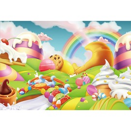 AOFOTO 7x5ft Fantasy Candy Land Landscape Background Cartoon Ice Cream Dessert Lollipop Photography Backdrop Rainbow Birthday Party Decoration Banner Photo Studio Props Kid Baby Girl Vinyl Wallpaper