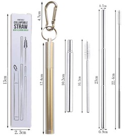 Hoshen Reusable Three-Section Foldable Metal Straw, Portable Telescopic Straw, Including Brush and Small Carabiner (Aluminum Alloy Shell), Silver, 2 PCS