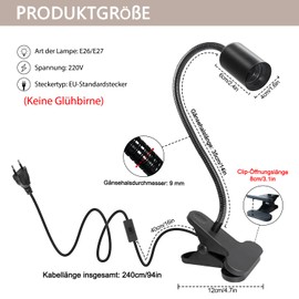 WPQIUZS Pack of 2 E27 Clamp Light 360° Adjustable Gooseneck Lamp Clamp Lamp Holder with Clip and Plug LED Clamp Light Bed with 240 cm Cable Desk Lamp Holder with Clip Reading Light