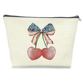 Udinaz Coquette 4th of July Cherry Heart Makeup Bag, Patriotic Bow Makeup Bag, Aesthetic Makeup Bag, 4th of July Gifts, Coquette Gifts for Women
