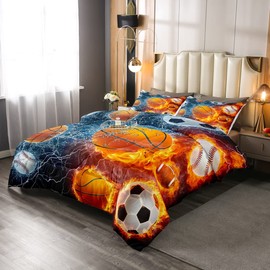 Erosebridal Sports Bedding Set for Boys Twin,Baseball Basketball Comforter Set Soccer Football Bedding Comforter Sets for Kids Teens Men,Red Blue Ice Fire Lightning Decor Quilt Duvet Set 2 Pcs
