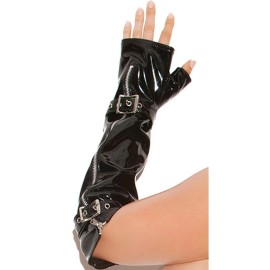 Elegant Moments Vinyl Fingerless Gloves Buckles Zipper Closure Elbow Length Shiny Black V9431