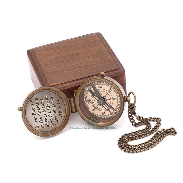 Roorkee Instruments Solid Brass Directional Magnetic Compass Antique Nautical Vintage Quote Engraved with Thoreau's Scripture, Baptism Gifts with Rosewood Case for Son