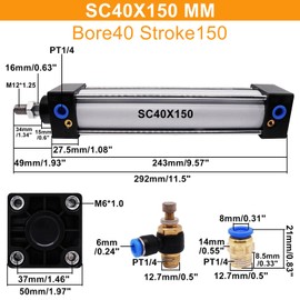 SWZHAI Pneumatic Cylinder SC 40 X 150 Pneumatic Air Cylinder Bore 40mm Stroke 150mm, Screwed Piston Rod Dual Action 1 Mpa with 4Pcs Quick Fittings
