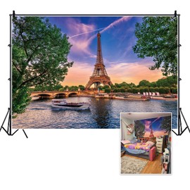 DORCEV 10x7ft The Eiffel Tower Backdrop Paris Cityscape The Seine Sunshine Bridge Lake Outdoor Vacation Theme Photography Background Honeymoon Travel Wedding Decor Adults Portrait Vinyl Studio Prop