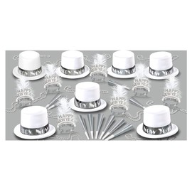 Beistle Ice Assortment for 50 People New Year’s Eve Party Supplies Photo Booth Props – Hats, Tiaras, Noisemakers, Necklaces, One Size, White/Silver