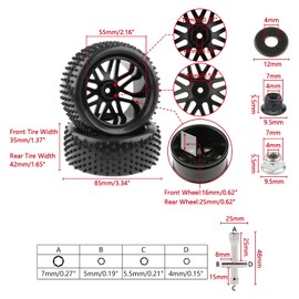 Rchobbytop 4 Pack RC Buggy Tires 12mm Hex Wheels and Tires 1/10 Off Road RC Buggy Wheels and Tires Tyres Set w/Lock Nuts and Wrench for Bandit VXL Tornado HSP Tamiya Kyosho Arrma etc