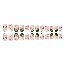Christmas Grinchs Fake Nails Medium French White Green Contrast Press on Nails with Snowflake Crutch Design False Nails Winter Oval Acrylic Nail Full Cover Stick on Nails for Women Girls 24 Pcs