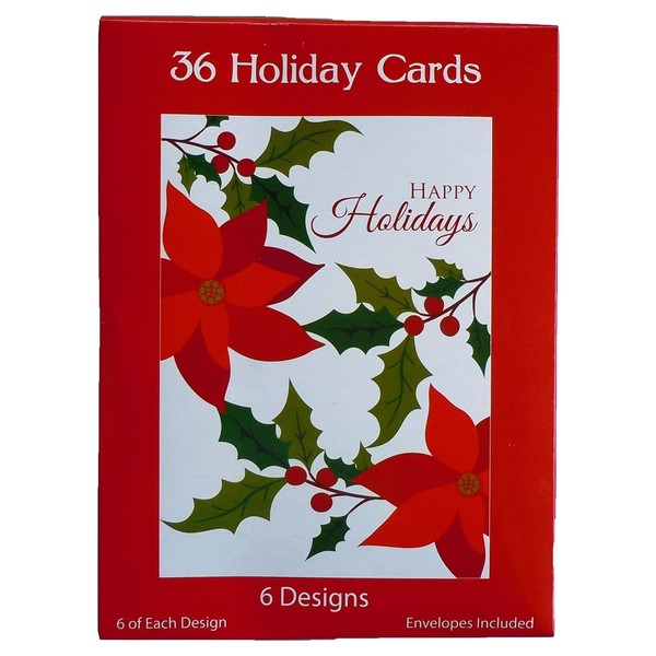 36 Glossy Christmas Holiday Cards, Including 6 Different Patterns - Tree, Stocking, Poinsettia, Wreath (36 Cards)