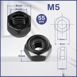Pyroclasia M5 Self Locking Nuts 55pcs Black Carbon Steel DIN985 Hex Nut Nylon Anti-loosening Design ISO Metric M5 Class 2B Nut