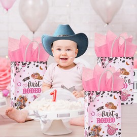 TAKEALOOKO My First Rodeo Gift Bag - 16 Pcs Pink Cowgirl 1st Birthday Girl Party Favors, Snacks Treat Candy Bags With Handles for First Rodeo Birthday Party Decorations