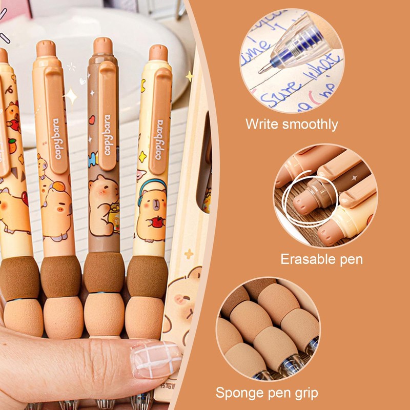 FloralGrace 4 pieces Capybara Retractable Pens, Gel Pen Set, Erasable