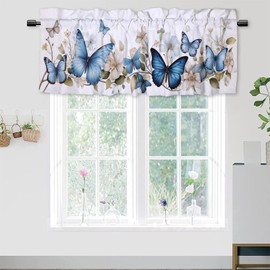 Dabuniu Valance Rod Pocket Curtain, Butterfly Pattern, Blue Butterflies Flower, 54x18 Inch (1Pcs), Kitchen Curtain