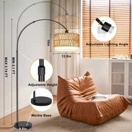 Fttoyoly Rattan Floor Lamp for Living Room Arc Boho Floor Lamp with Rattan & Linen Double Shades Adjustable Tall Wicker Lamps with 3 Color Temperatures for Bedroom Office Reading,Black