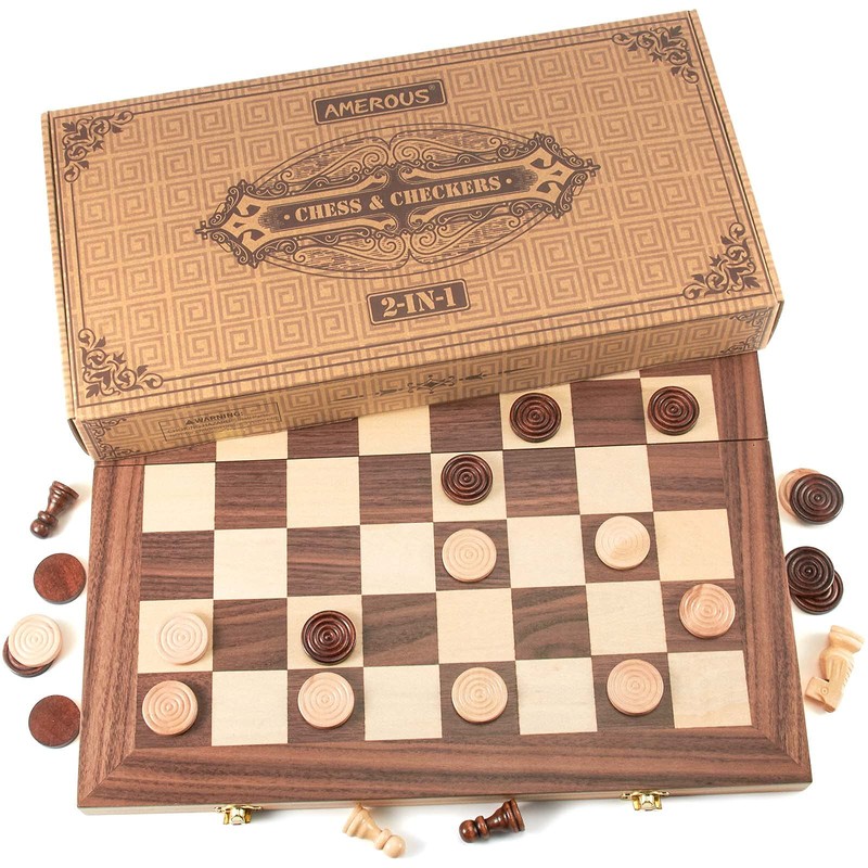 AMEROUS 15'' Wooden Chess & Checkers Set, 2 in 1