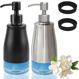 AUMIO Soap Dispenser with Non-Slip Silicone Pad, 2 Pack Kitchen Dish Refillable Liquid Dispensers, Hand Soap Dispenser for Bathroom, Stainless Steel Case Glass Liner Hand Pump Dispenser Silver & Black