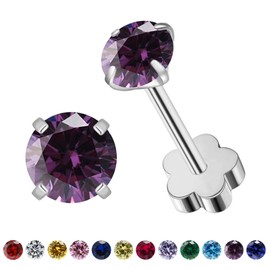 VDKIDKT Flower Screw Back Birthstone Stud Earrings for Women Girls, 3mm G23 Tiny CZ Flat Back Stud Earrings, Screw Back Helix Earrings (Silver, 2.Feb-Amethyst)