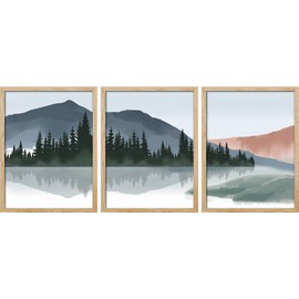 SIGNWIN Framed Pastel Mountain Rang Wall Art, Set of 3 Lake Reflection Wall Decor Prints, Nature Wilderness Wall Décor for Living Room, Bedroom - 11"x14" Natural