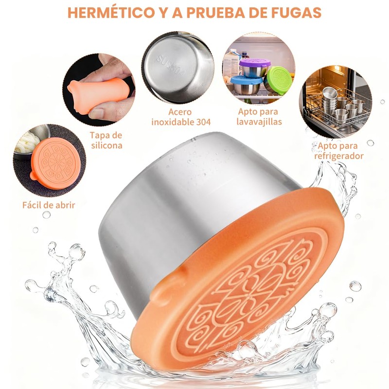 6 Recipientes Pequeños de Acero Inoxidable con Tapa de Silicón