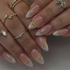 Almond False Nails Medium Long - 24Pcs Pearl White French Nail Tip with Golden Line Bow Design Fake Nails - Glossy Full Cover Press on Nail - Stick on Nails for Women Girls Days Nails Art