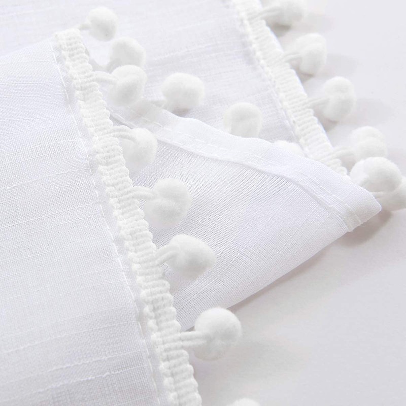 Pom-Pom Sheer White Curtains for Living Room 72" Drop Breathable