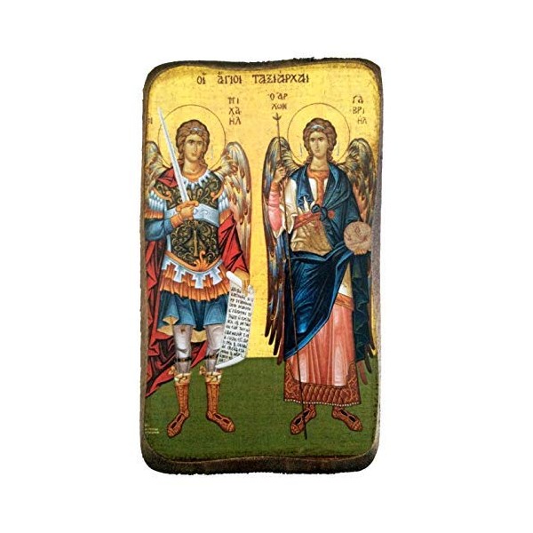 Wooden Greek Christian Orthodox Wood Icon of Archangel Michael and Gabriel / A0