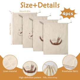 TPTGIAR 4 Stück Brotbeutel Leinen Ungebleicht, 40 x 30cm Wiederverwendbar Leinenbeutel mit Kordelzug, Brotbeutel Aufbewahrung Frischhalten für Brot Obst und Gemüse