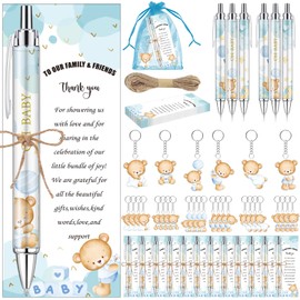 EYNDYN 97 Pieces Baby Shower Gifts for Guest Blue Bear Ballpoint Pens and Keychains Favors Bulk Retractable Baby Shower Pens Gender Reveal Greeting Cards Souvenirs Prizes