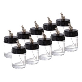 Master Airbrush (Pack of 10) TB-002 Empty 3/4 Ounce (22cc) Glass Jar Bottles with 30° Down Angle Adaptor Lid Assembly - Fits Dual-Action Siphon Feed Airbrushes, Use with Master, Badger, Paasche, Iwata