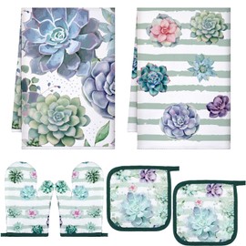 Bencailor 6 Pcs Succulents Dish Towels Pot Holders Oven Mitts Set 2 Succulents Plant Kitchen Towels 2 Oven Mitt Cooking Mittens Gloves 2 Heat Resistant Hot Pads for Cooking Baking Grilling Supply