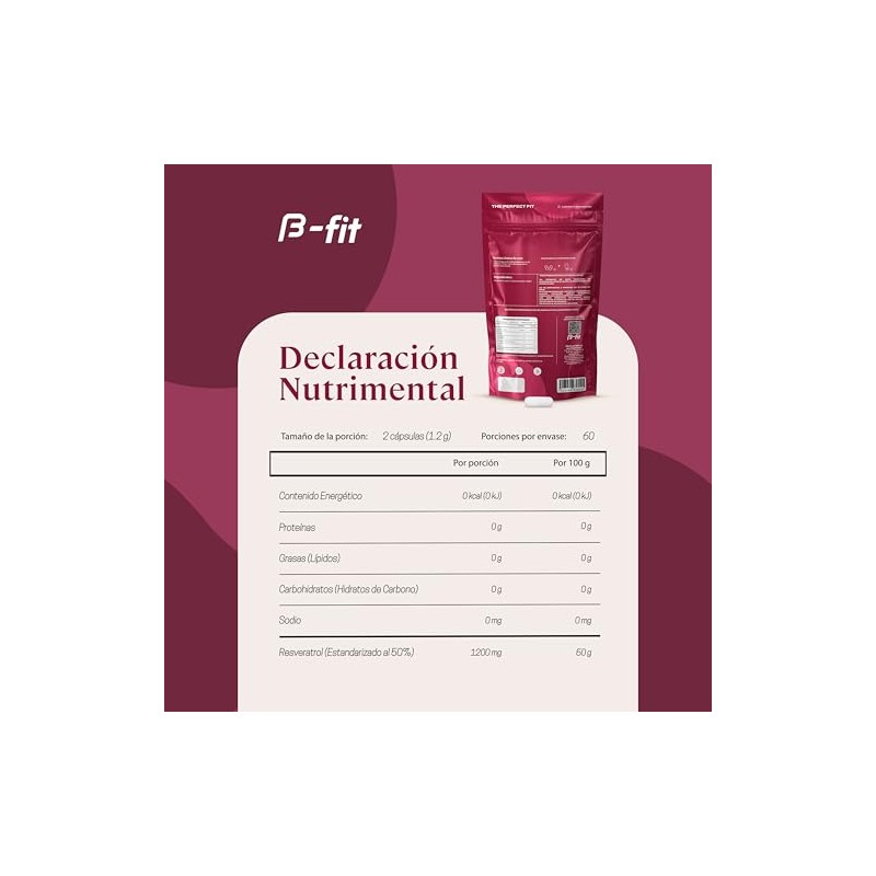 B-FIT Resveratrol 1200mg, Suplemento en Cápsulas, 120 Cáps, Sin Gluten