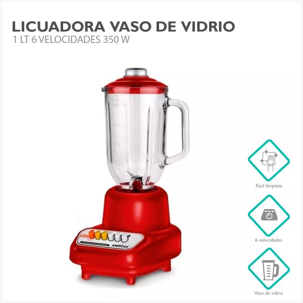 American Licuadora Vaso De Vidrio 1 Lt 6 Vel 350 W
