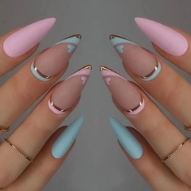 RUNRAYAY Ribbon Press On Nails Medium, Pink & Blue Almond Fake Nails, Glossy Stick On Nails Full Cover Stick On Nails False Nails with Heart Designs Acrylic Nails for Women