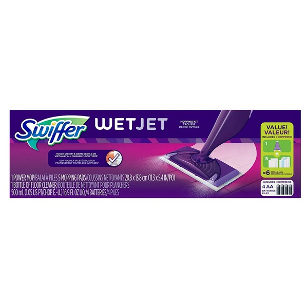 Swiffer WetJet Starter Kit, Includes: 1 Power Mop, 5 Pads, Solution, Batteries, 6 Piece Set