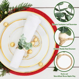 Napkin Rings, Pack of 6 Eucalyptus Napkin Rings, Rustic Napkin Rings, Farmhouse Style, Boho Napkin Holder, Wooden Beads for Thanksgiving, Easter, Christmas, Wedding Table Decoration