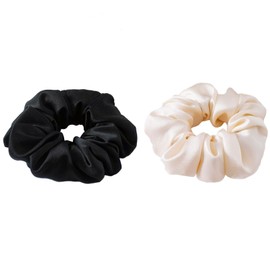 100% Silk Scrunchies for hair, HapHeara Hair Scrunchies 2 Pack, 100% Pure Mulberry Silk Hair Ties Hair Bands for Women, Girls, Thick Curly Hair No Crease Soft & Less Pulling-Black, Apricot