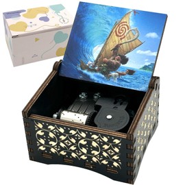 Wind Up Music Box Moana -How Far I'll Go, Vintage Engraved Wooden Mechanism Musical Gifts for Kids Boys Girls Son Daughter Friends Christmas Birthday